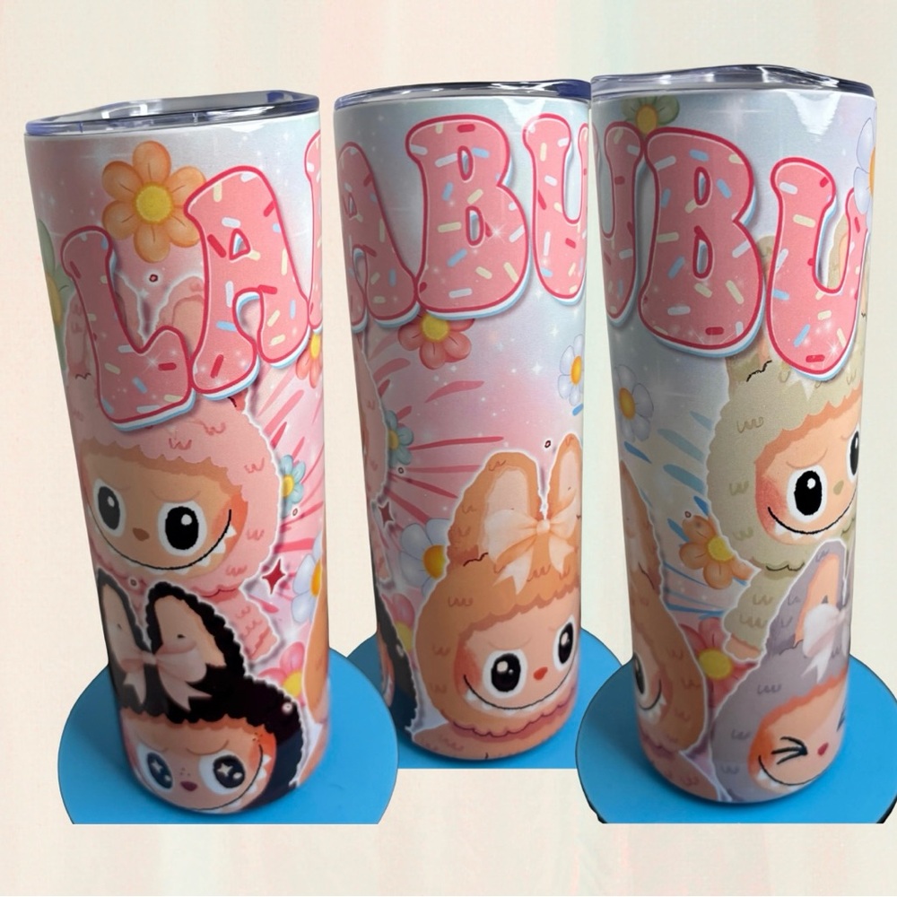 Cute Pastel LALABUBU Character Stainless Tumbler - Pink Floral 20 Oz